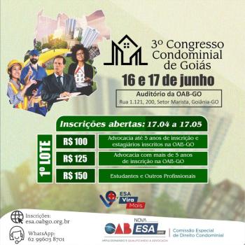 OAB-GO promove o 3 Congresso Condominial de Gois; inscries abertas 