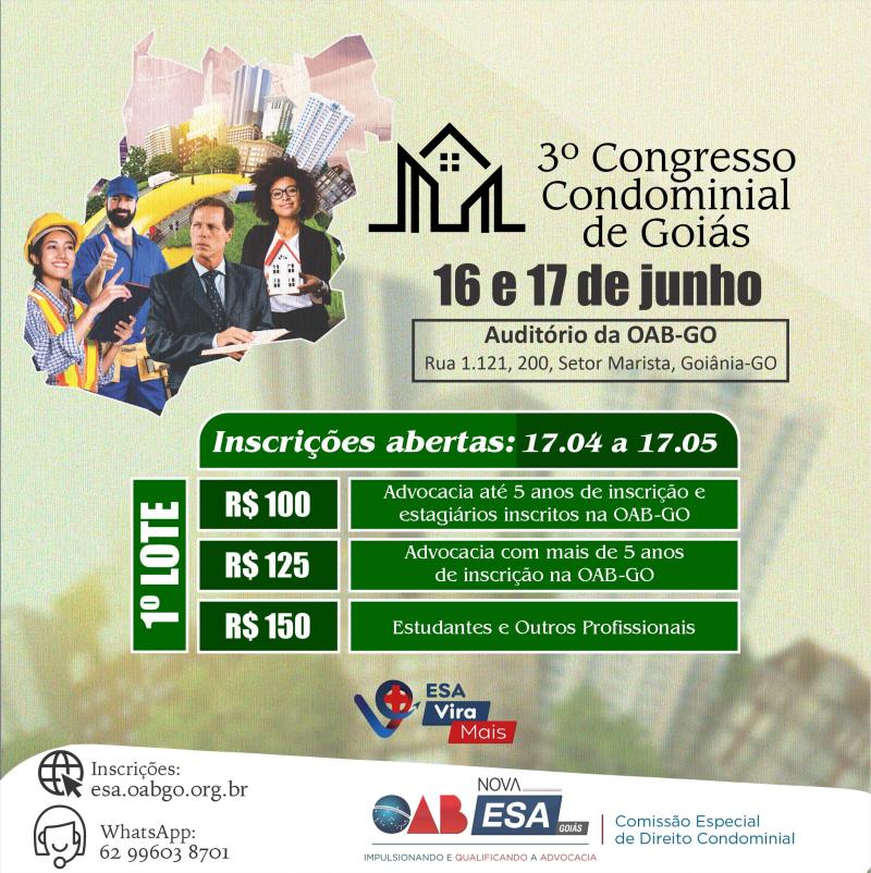 OAB-GO promove o 3º Congresso Condominial de Goiás; inscrições abertas 