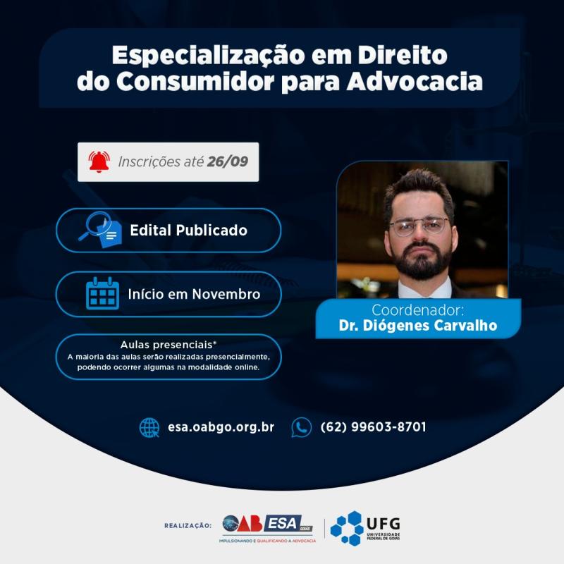 Parceria da ESA-GO com UFG, especializao em Direito do Consumidor abre inscries nesta quinta-feira (1)