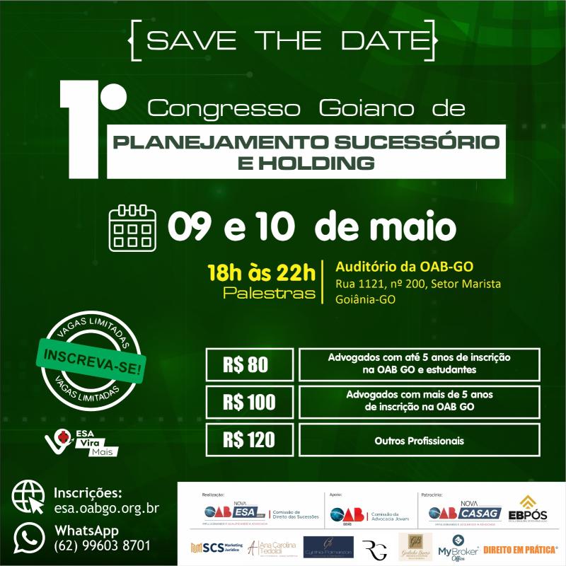 ESA realiza o 1 Congresso Goiano de Planejamento Sucessrio e Holding; inscries abertas
