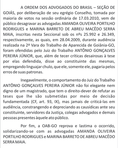OAB-GO divulga nota de desagravo