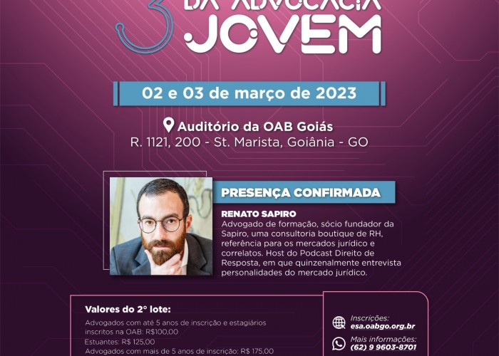 Advogado Renato Sapiro é confirmado como palestrante no 3º Congresso Goiano da Advocacia Jovem