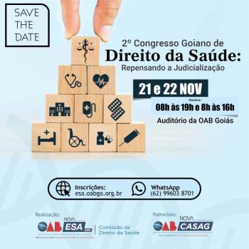 OAB-GO informa inscrições abertas para o 2º Congresso Goiano da Saúde